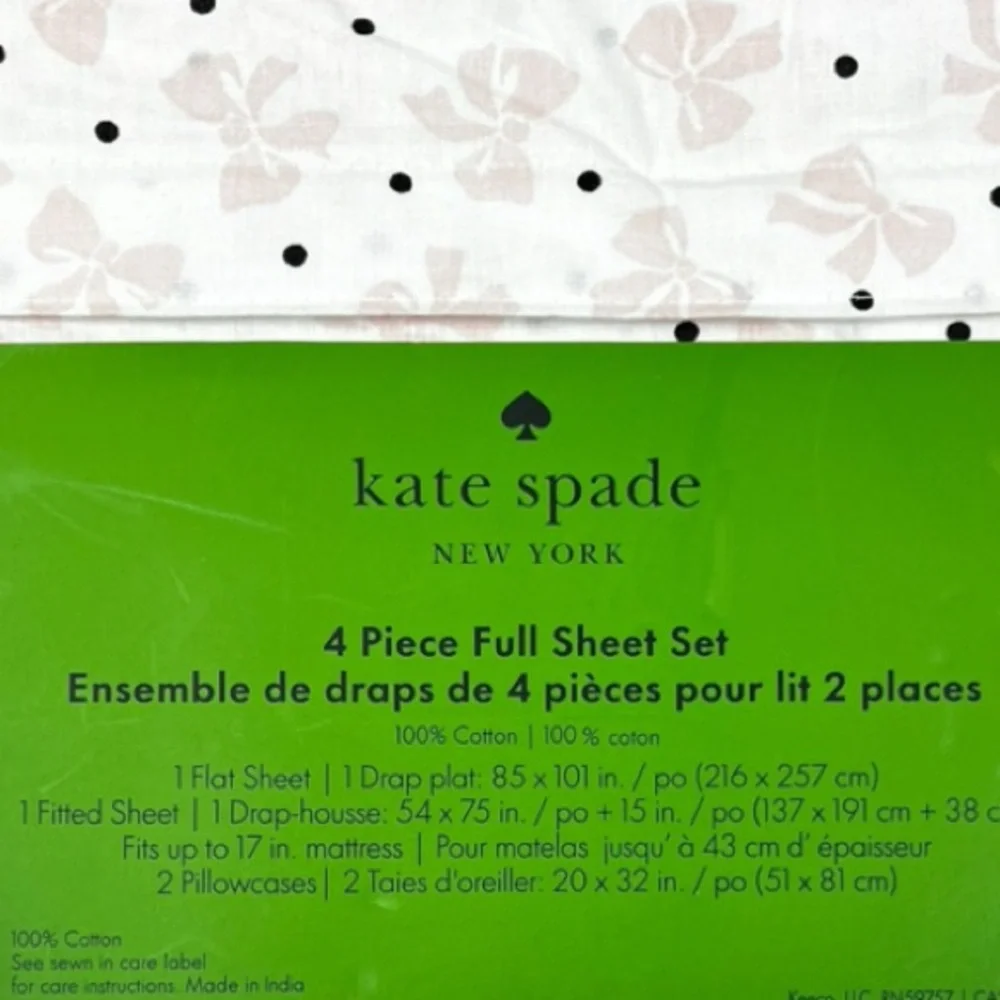 kate spade - ‘Bows & Polkadots’ Full Size Sheet Set. Blush pink. NWT Firm!